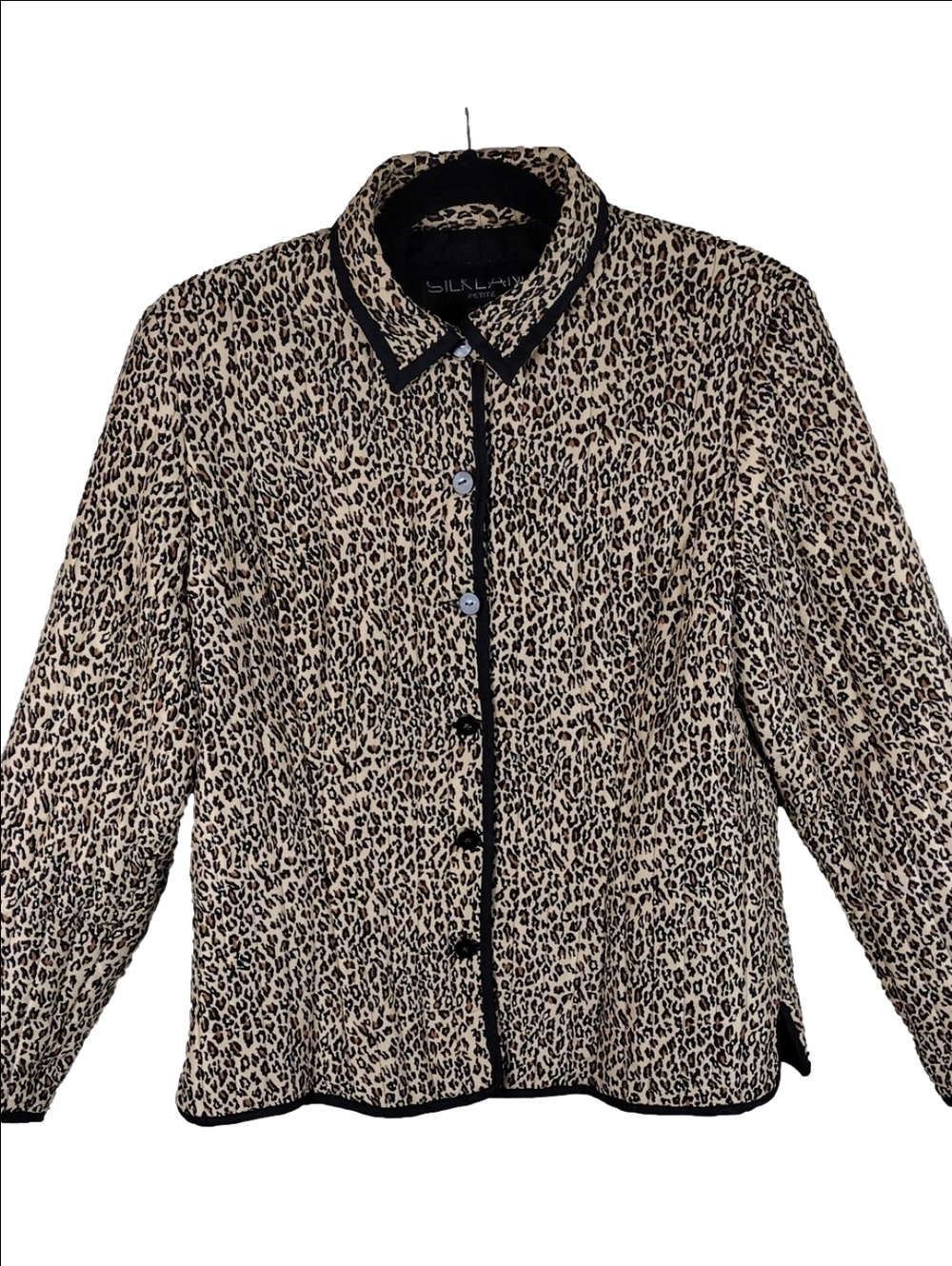 Silkland Tan Leopard Print 100% Silk Point Collar Button Down Long Sleeve Jacket
